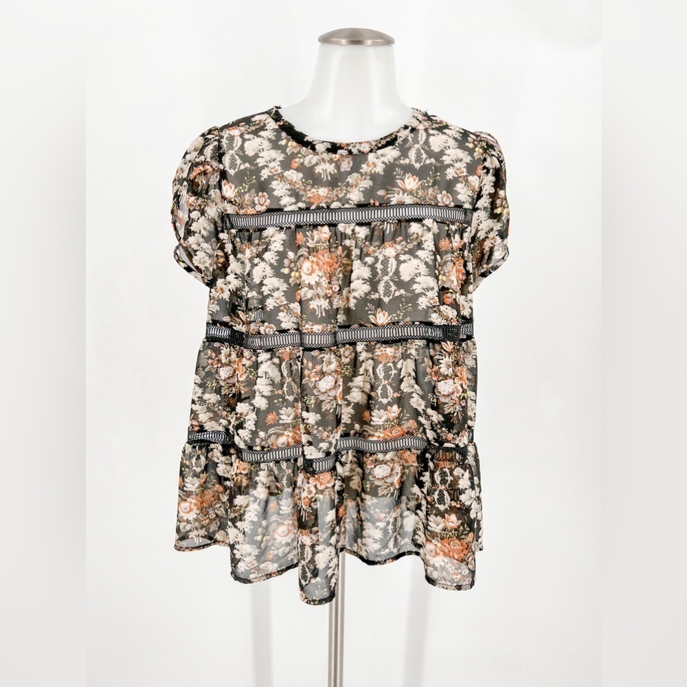 Ro & De Inset Rim Swing Blouse Pretty Floral Print Sheer top
